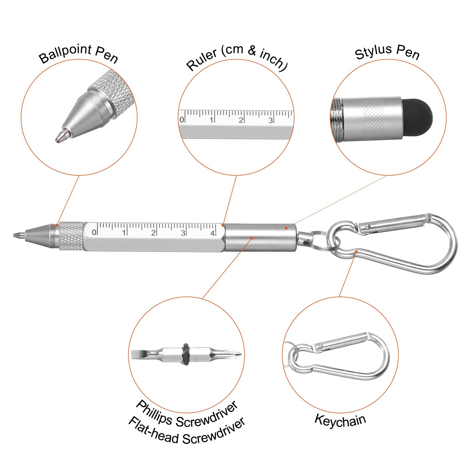 Ballpoint Pen  
Ruler (cm & inch)  
Stylus Pen  
Phillips Screwdriver  
Flat-head Screwdriver  
Keychain