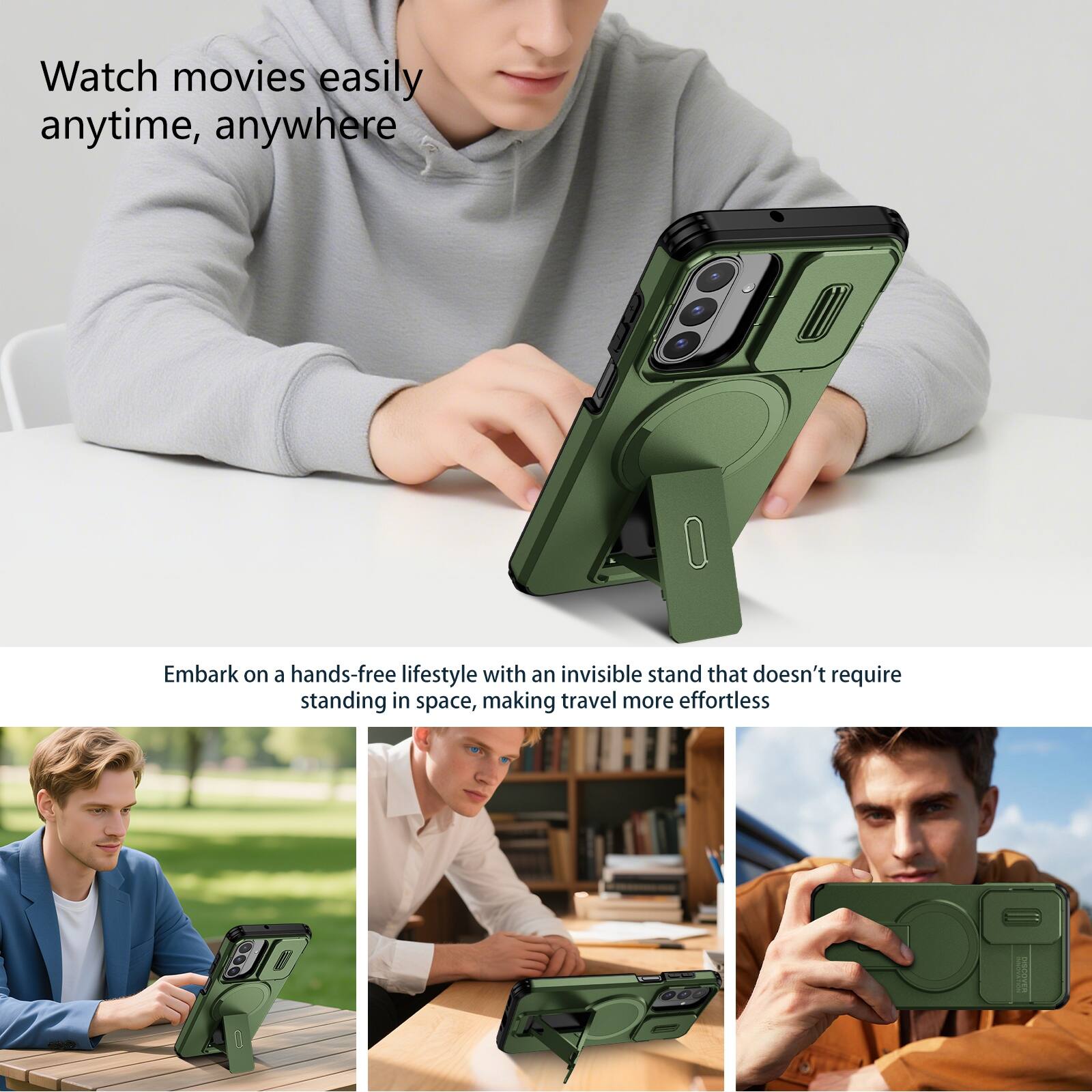 Watch movies easily anytime, anywhere

Embark on a hands-free lifestyle with an invisible stand that doesn't require standing in space, making travel more effortless