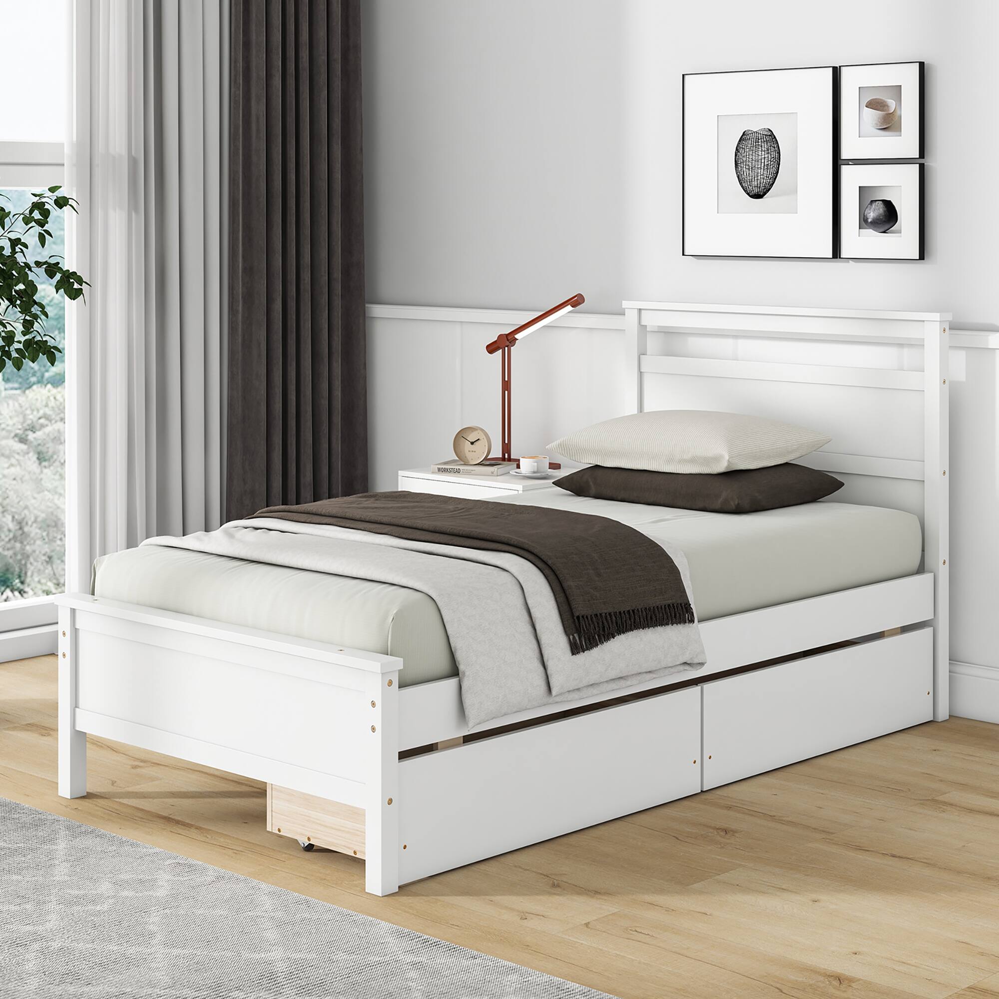 Alt View 3. Gymax - Gymax Twin Size Platform Bed w/ Drawers 2 Pull-out Drawers Headboard & Footboard White - White.