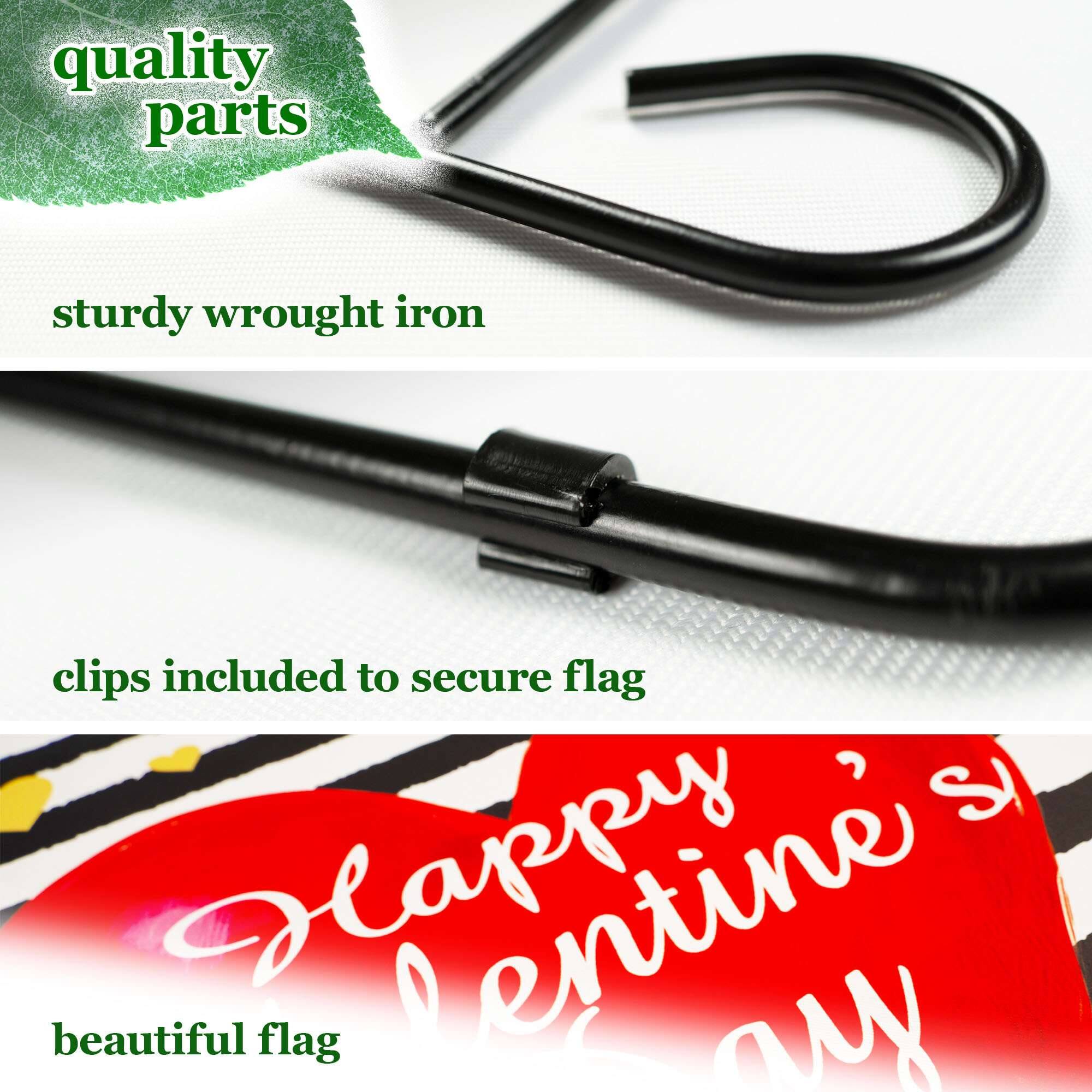 quality parts  
sturdy wrought iron  
clips included to secure flag  
beautiful flag