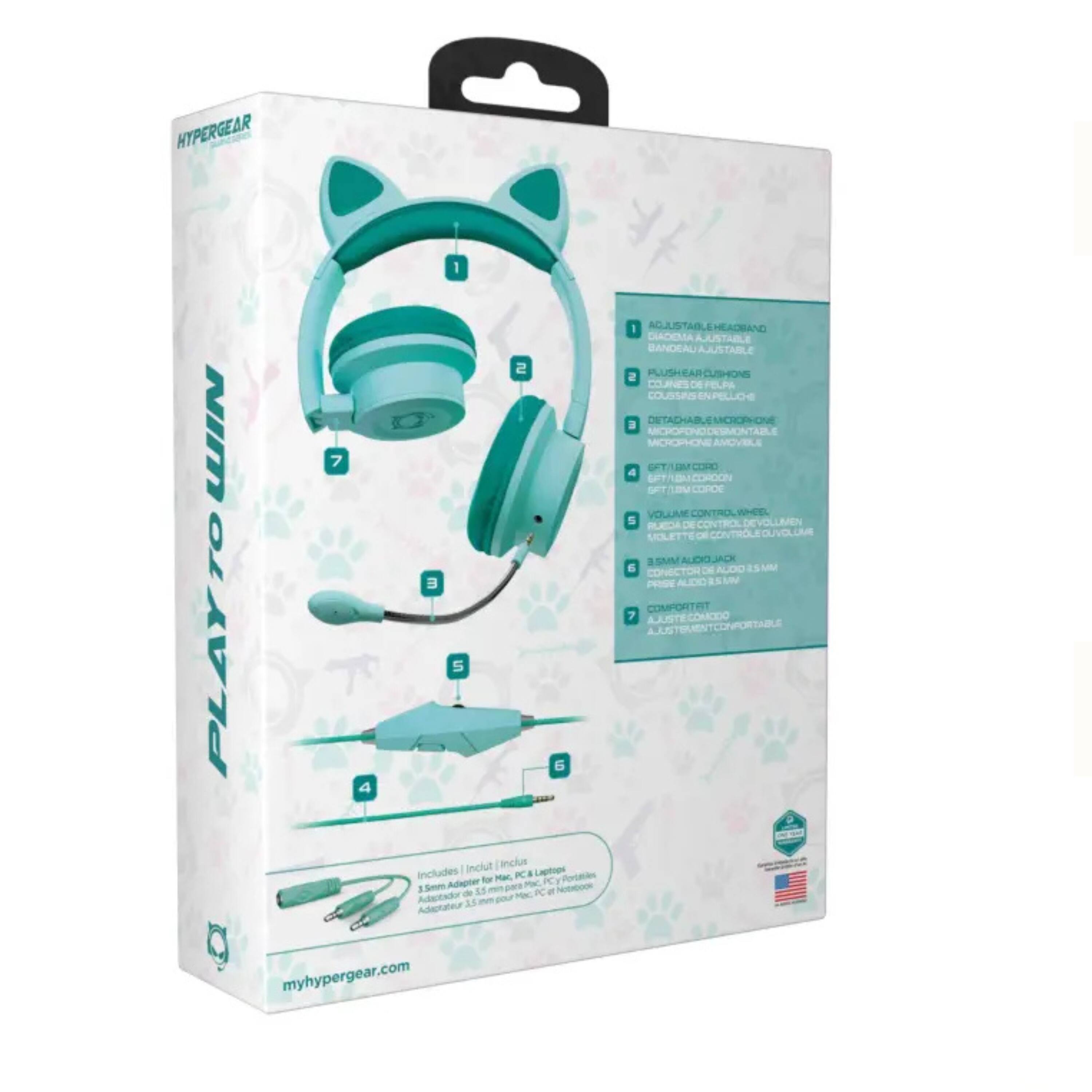 HYPERGEAR PLAY TO LIN

- ADJUSTABLE HEADBAND
  - DIADEMA AJUSTABLE
  - BANDEAU AJUSTABLE

- PUFFY EARBUD CUSHIONS
  - COUSSINS DE FELPA
  - COUSSINS EN FELPA

- DETACHABLE MICROPHONE
  - MICROFONO DESMONTABLE
  - MICROPHONE AMOVIBLE

- SOFT CORD
  - CORDON SUAVE
  - CORDE SOUPLE

- VOLUME CONTROL
  - VOLÚMEN CONTROL
  - SOLETTE DE CONVOLUTIÓN

- 3.5MM AUDIO JACK
  - CONECTOR DE AUDIO 3.5MM

- COMFORTABLE FIT
  - AJUSTE COMODA
  - AJUSTEMENT CONFORTABLE

Includes / Inclut / Incluye:
- Adapter for PC, Laptop, Mac
  - Adaptador para PC, Laptop, Mac

myhypergear.com