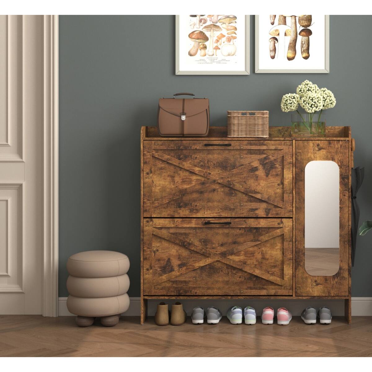 Angle. Halitaa - Shoe Storage Cabinet with 2 Flip Drawers & Side Cabinet and Hooks,Farmhouse Shoe Organizer with Mirror Door for Entryway - Brown.