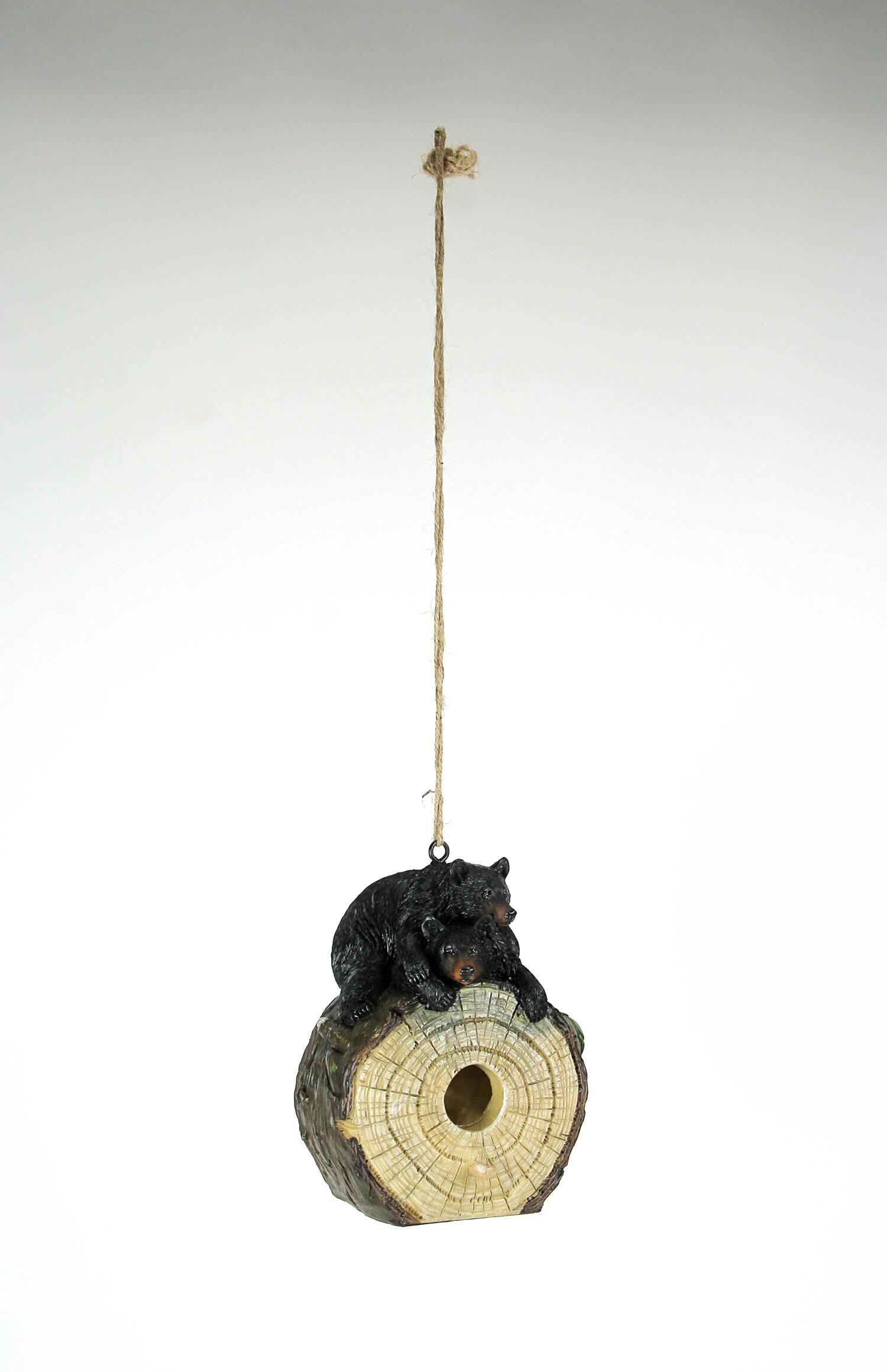 Alt View 1. Mayrich Company - Playful Black Bears On Cut Log Polyresin Hanging Birdhouse - Brown.