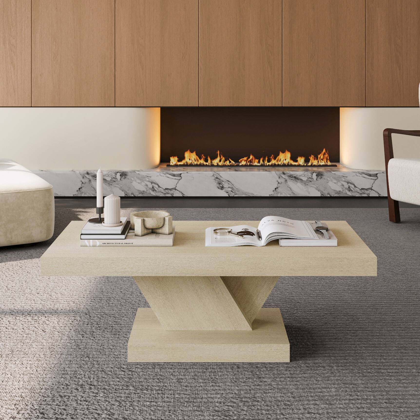 Left. Loheer - Loheer 47 Inch Modern Cross Leg Coffee Table Oak Wash Center Table Solid Wood Veneer X-Shape Living Room Furniture - Imitative Oak.