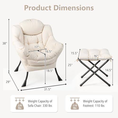 Product Dimensions: 38", 17", 16.5", 15.5", 16", 18.5", 25", 14.5", 29", 31.5"

Weight Capacity of Sofa Chair: 330 lbs
Weight Capacity of Footrest: 110 lbs