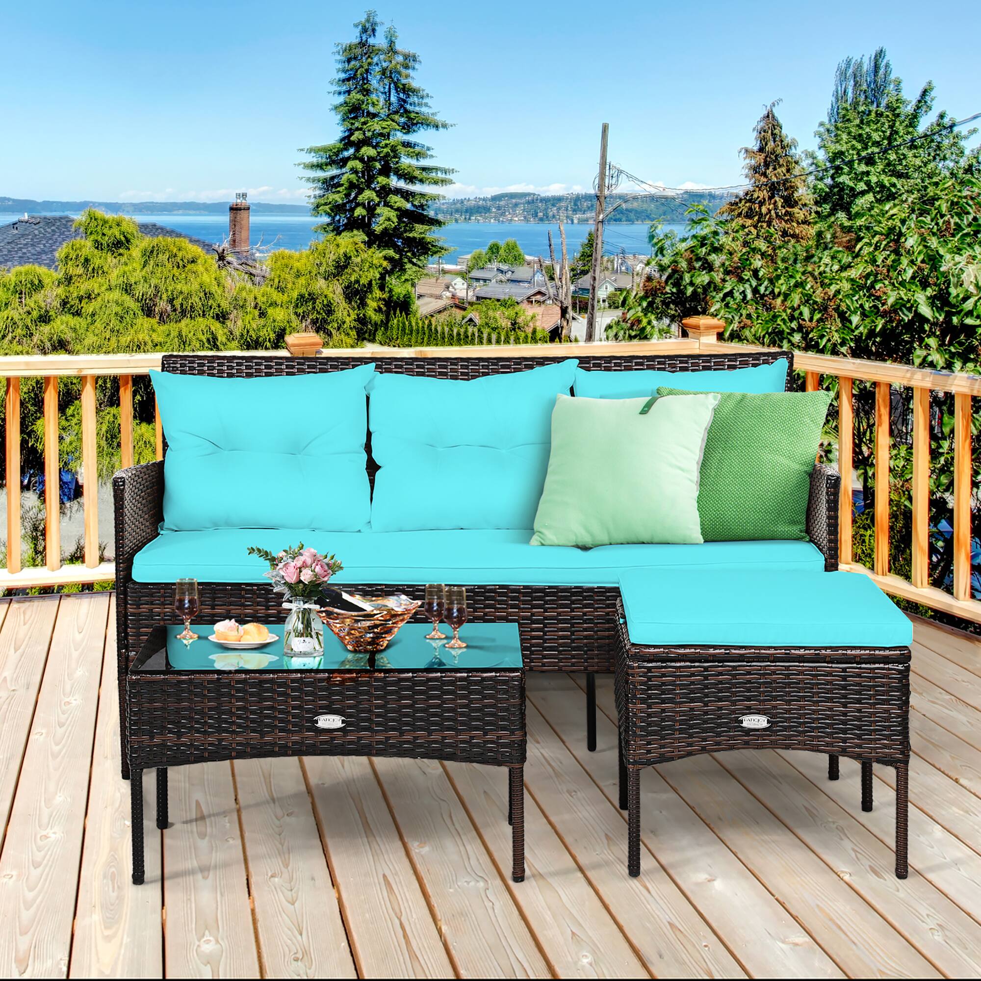 Alt View 4. Costway - Costway 3PCS Patio Rattan Furniture Set 3-Seat Sofa Cushioned Table - Turquoise.