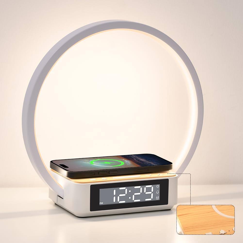 Front. Dazzed Corner - Sunrise Wake-Up Light, Alarm Clock with Wireless Charger - Wood.
