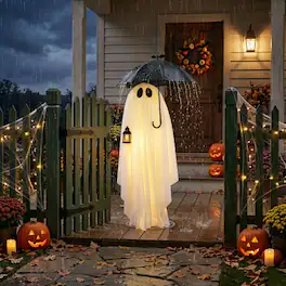 Winado - 5FT Halloween Ghost Holding an Umbrella with Lights for Indoor Outdoor Front Porch Lawn Patio Garden Party Decorations - White