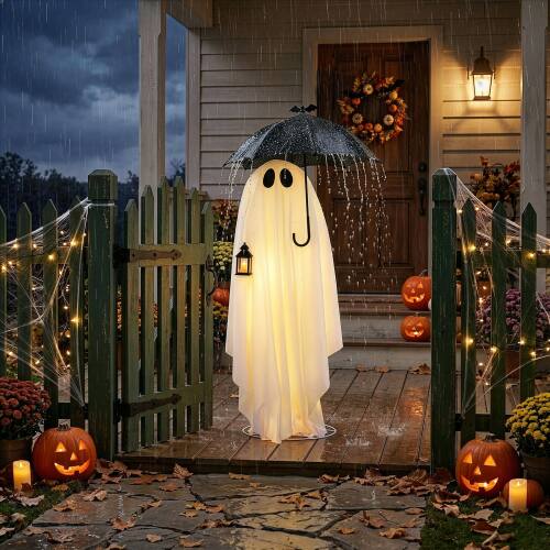 Front. Winado - 5FT Halloween Ghost Holding an Umbrella with Lights for Indoor Outdoor Front Porch Lawn Patio Garden Party Decorations - White.