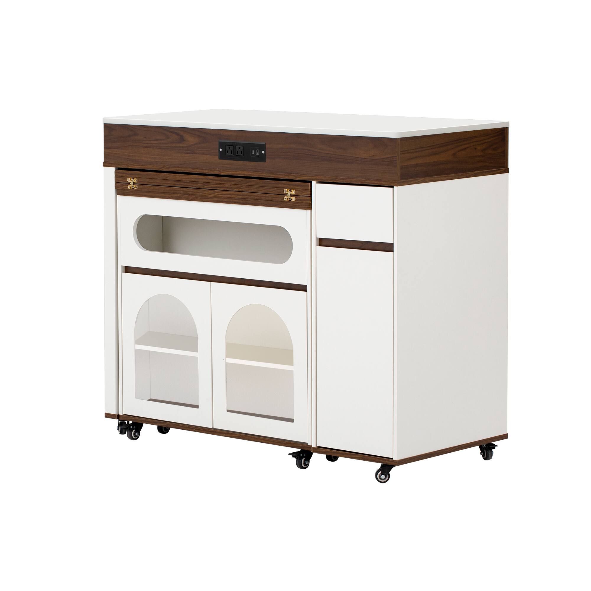 Left. Forest'nSky - Walnut Sideboard Buffet Cabinet Extendable Dining Table with Extra-Long Folding Top,Drawers, Power Outlet and Brake lock - Walnut.