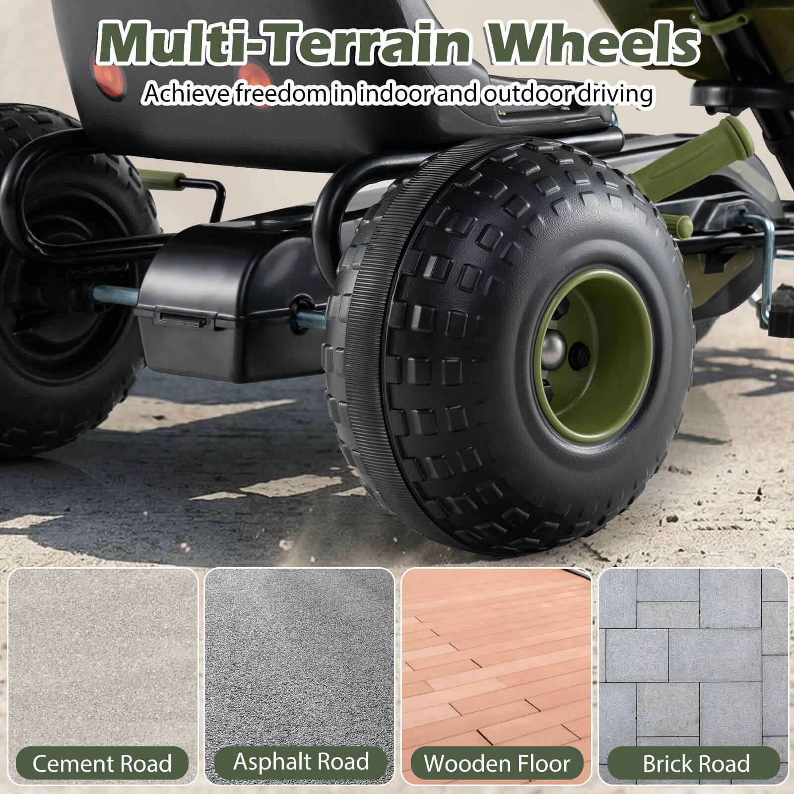 Multi-Terrain Wheels  
Achieve freedom in indoor and outdoor driving  

Cement Road  
Asphalt Road  
Wooden Floor  
Brick Road