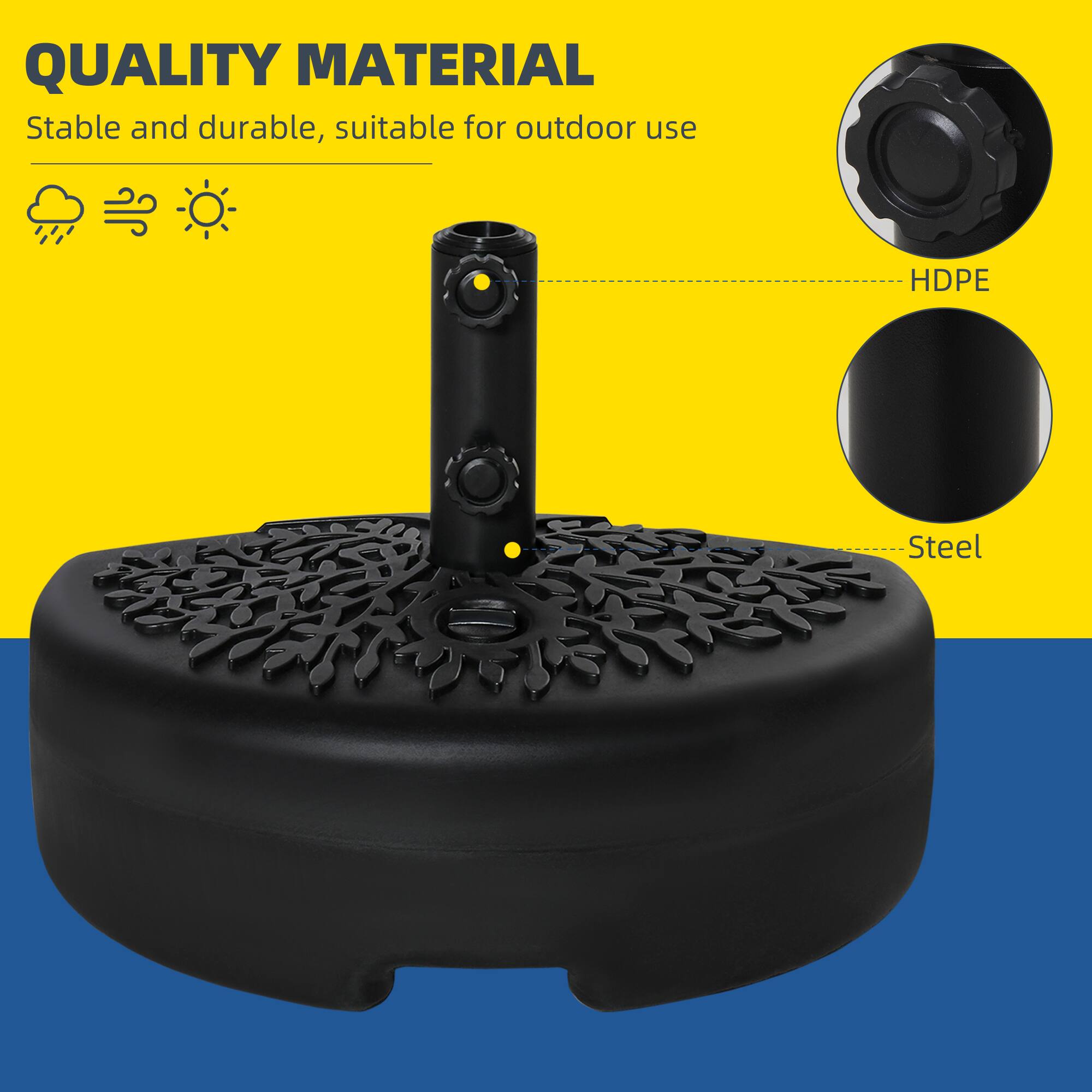 QUALITY MATERIAL  
Stable and durable, suitable for outdoor use  

HDPE  
Steel
