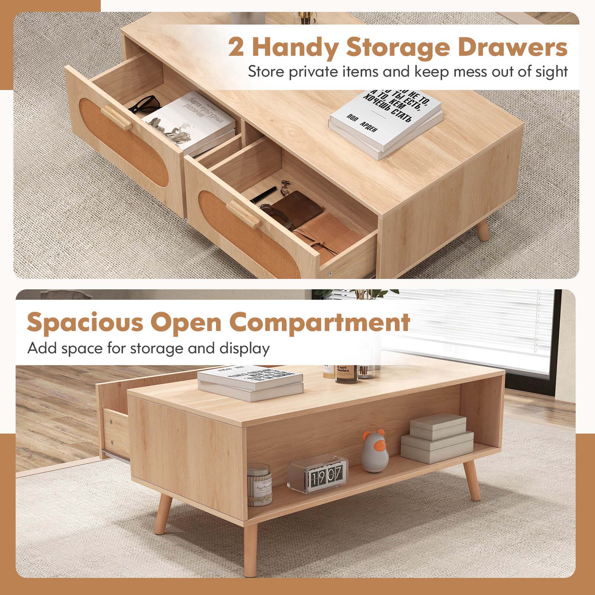 2 Handy Storage Drawers  
Store private items and keep mess out of sight  

Spacious Open Compartment  
Add space for storage and display
