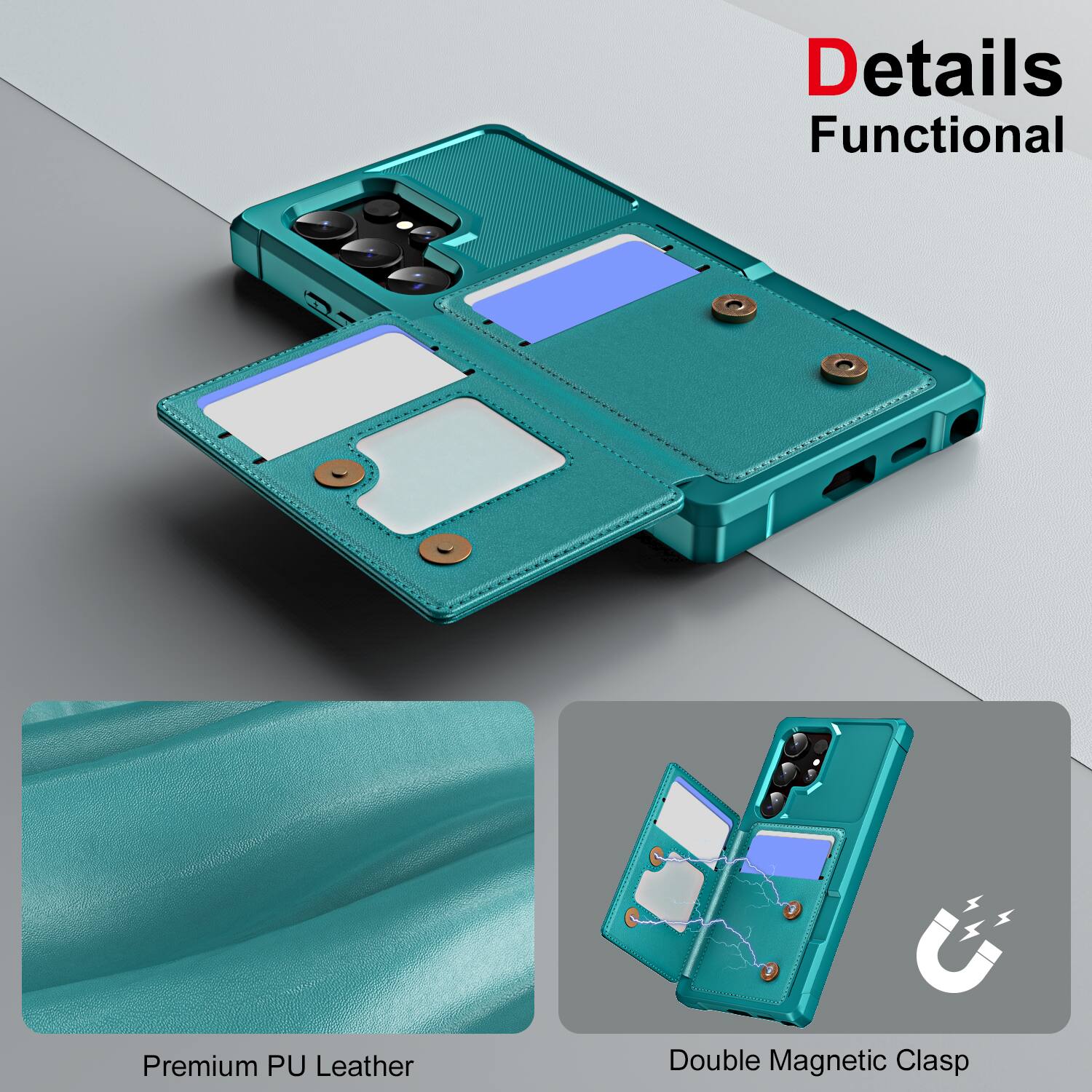Details Functional  
Premium PU Leather  
Double Magnetic Clasp