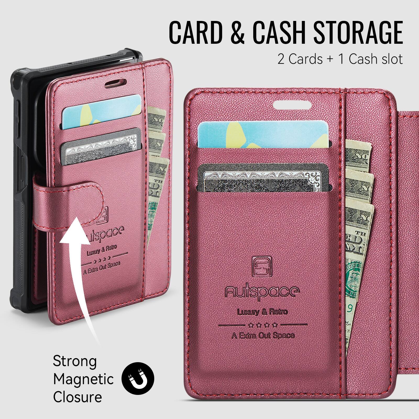 CARD & CASH STORAGE  
2 Cards + 1 Cash slot  

NO  
TH  
vispace  
Luxury & Retro  
A Extra Out Space  
Strong Magnetic Closure