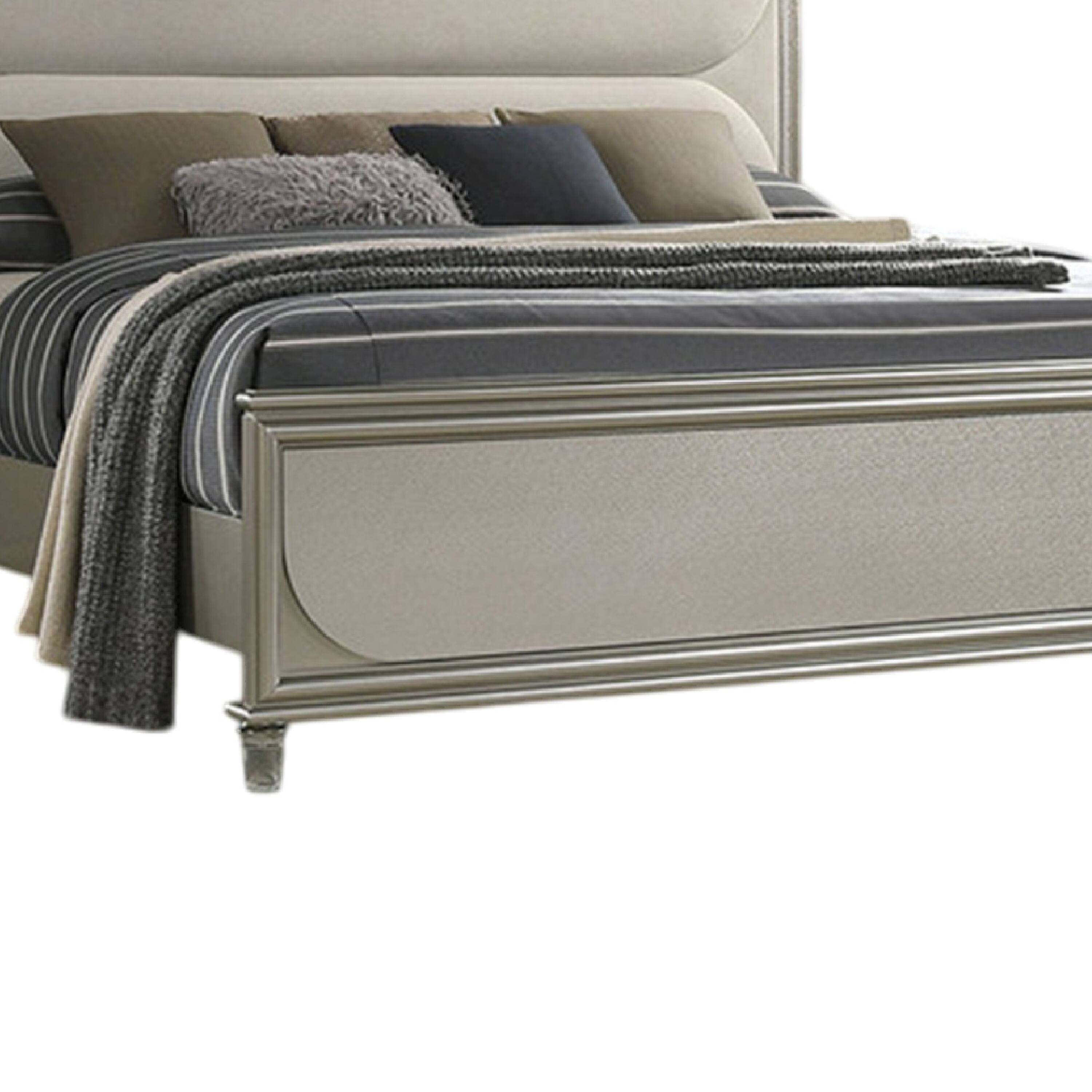 Alt View 3. Manhattan Lane - Zema Queen Bed, Upholstered Headboard w LED, Silver Wood, Acrylic Legs - Silver, Clear.