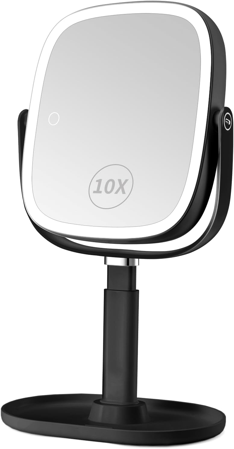 Stamp n Camp - Lighted Makeup Mirror, 2600mAh Rechargeable 1x/10x Magnifying Vanity Mirror, 8.5" Height Adjustable Makeup Mirror wit - Black-10x