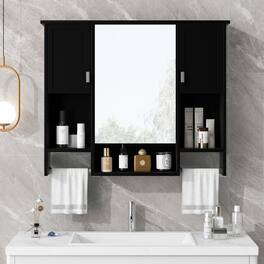 APRILSOUL - 35'' x 28'' Modern Wall Mounted Bathroom Storage Cabinet Bathroom Wall Cabinet with Mirror - Black