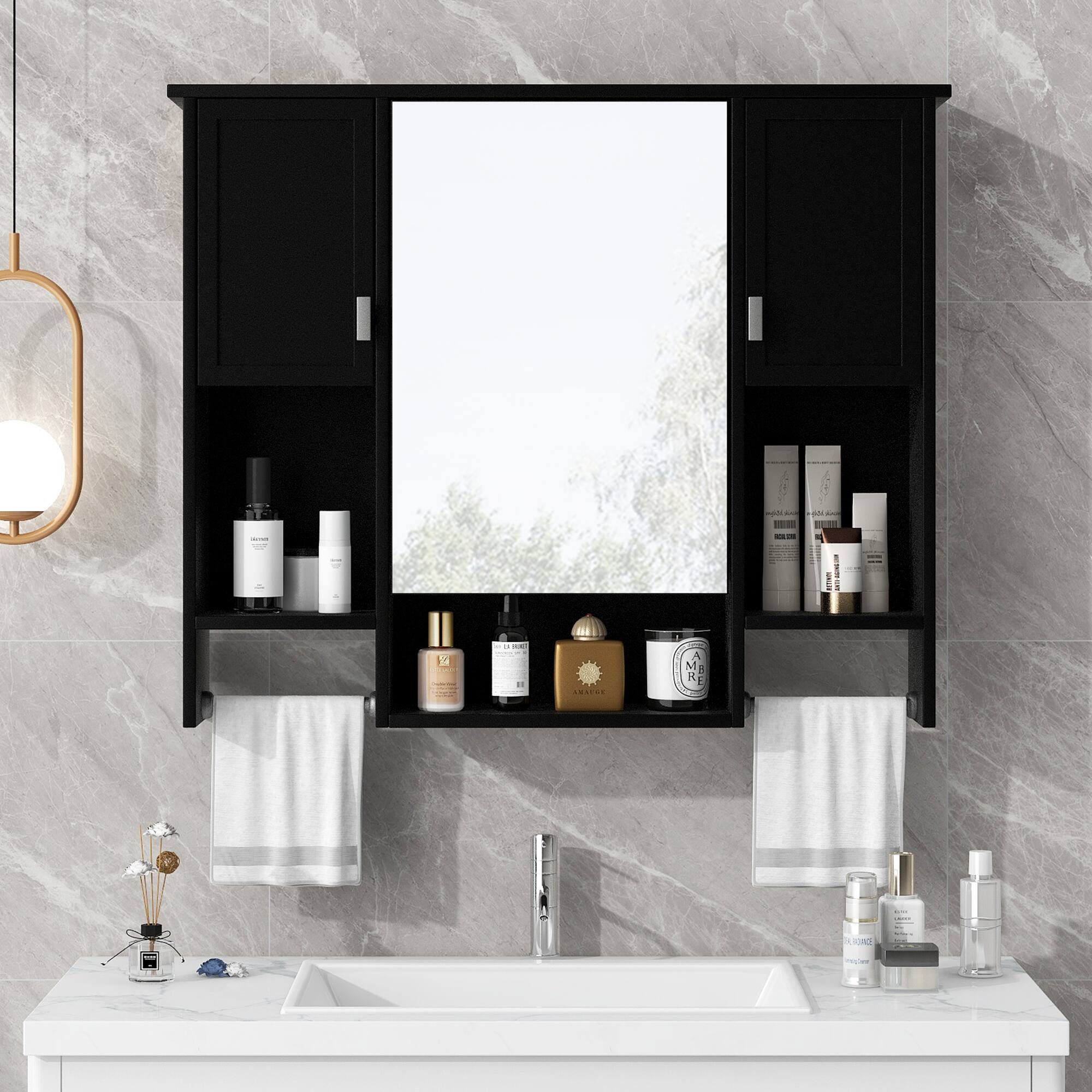 Front. APRILSOUL - 35'' x 28'' Modern Wall Mounted Bathroom Storage Cabinet Bathroom Wall Cabinet with Mirror - Black.