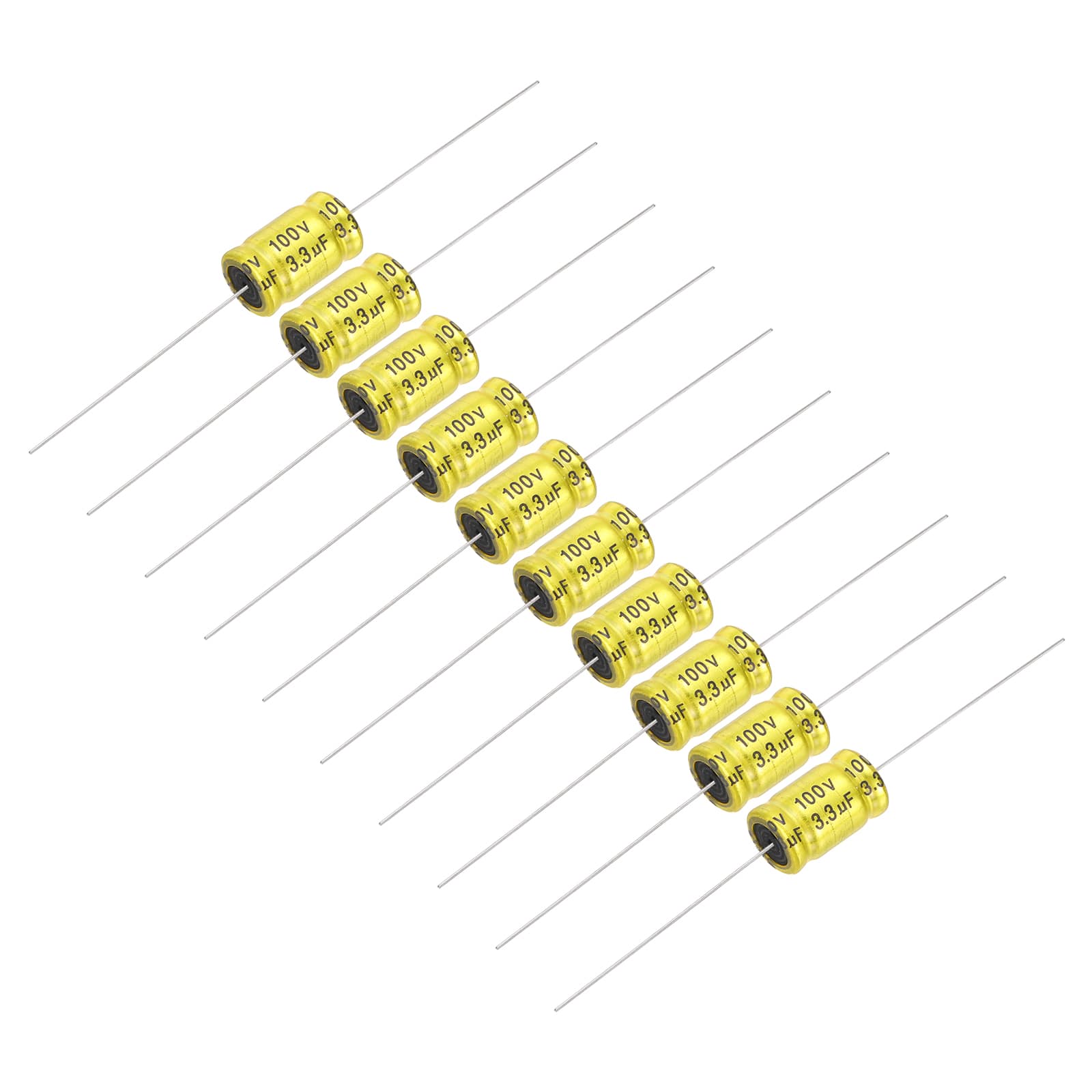 Unique Bargains - 10pcs 3.3uF 100V Non-Polarized Electrolytic Capacitor, 17x10mm Aluminum Audio Freq Divider for DIY Speaker/Car Amp - Gold