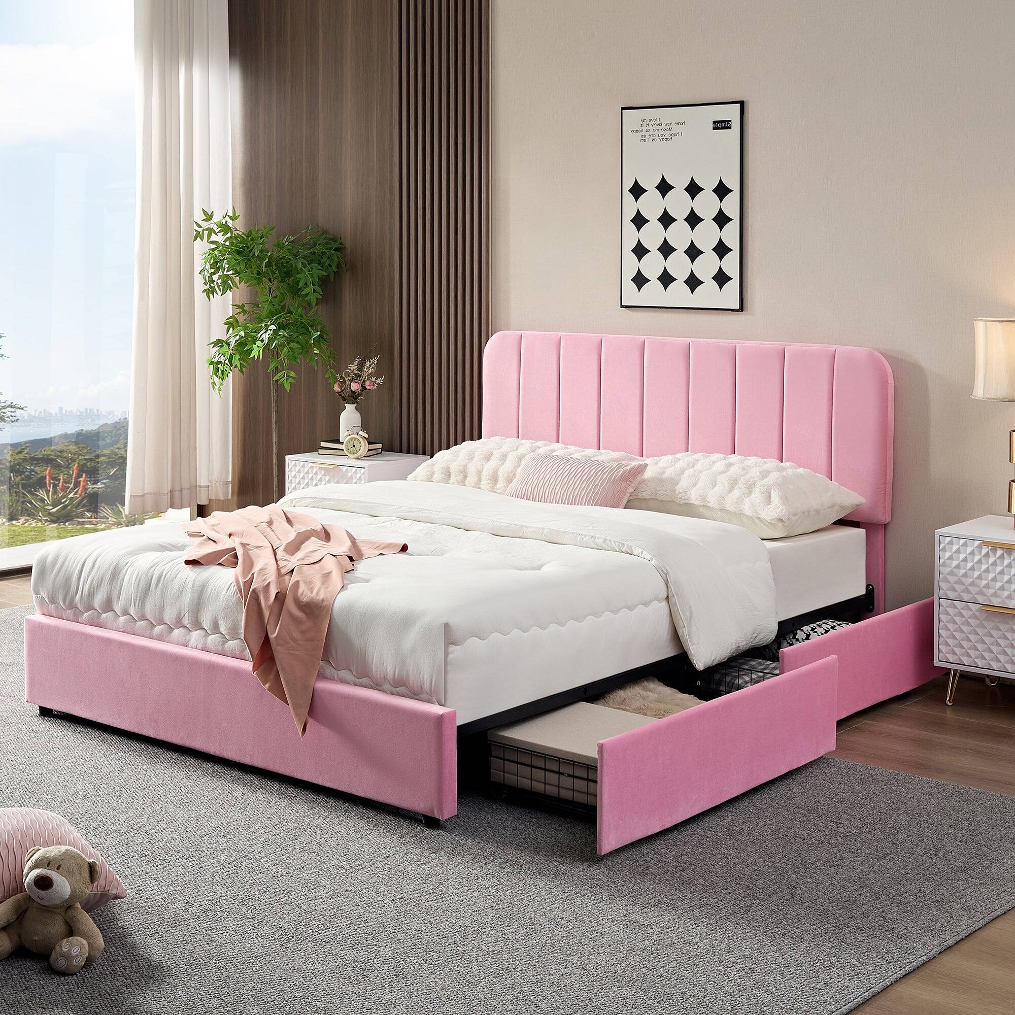 Left. Vecelo - Full Size Storage Bed Frame with 4 Drawers - Velvet Upholstered, Adjustable Headboard, 800lb Capacity, Noise Free - Pink.