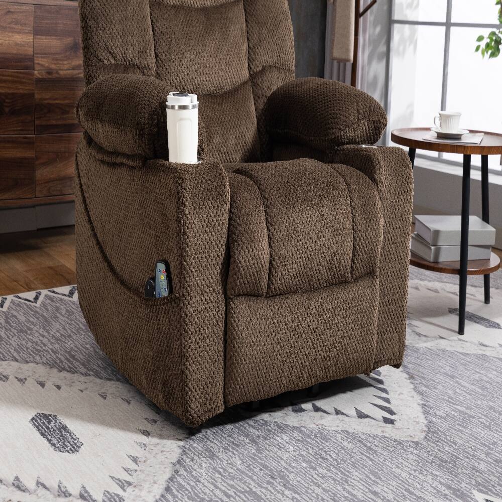Angle. Ropilly - Ropilly brown velvet power lift recliner with heated massage and cup holder - Brown.