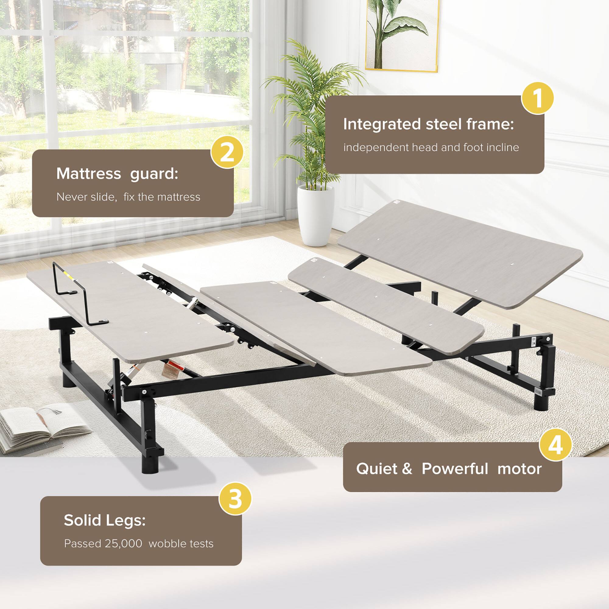 1. Integrated steel frame: independent head and foot incline  
2. Mattress guard: Never slide, fix the mattress  
3. Solid Legs: Passed 25,000 wobble tests  
4. Quiet & Powerful motor