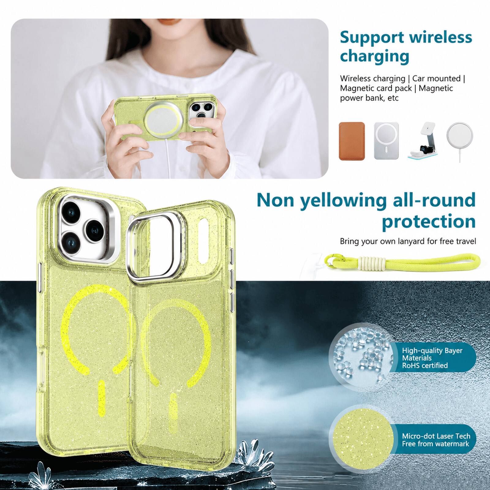 Support wireless charging  
Wireless charging | Car mounted | Magnetic card pack | Magnetic power bank, etc

Non yellowing all-round protection  
Bring your own lanyard for free travel

High-quality Bayer Materials  
RoHS certified

Micro-dot Laser Tech  
Free from watermark