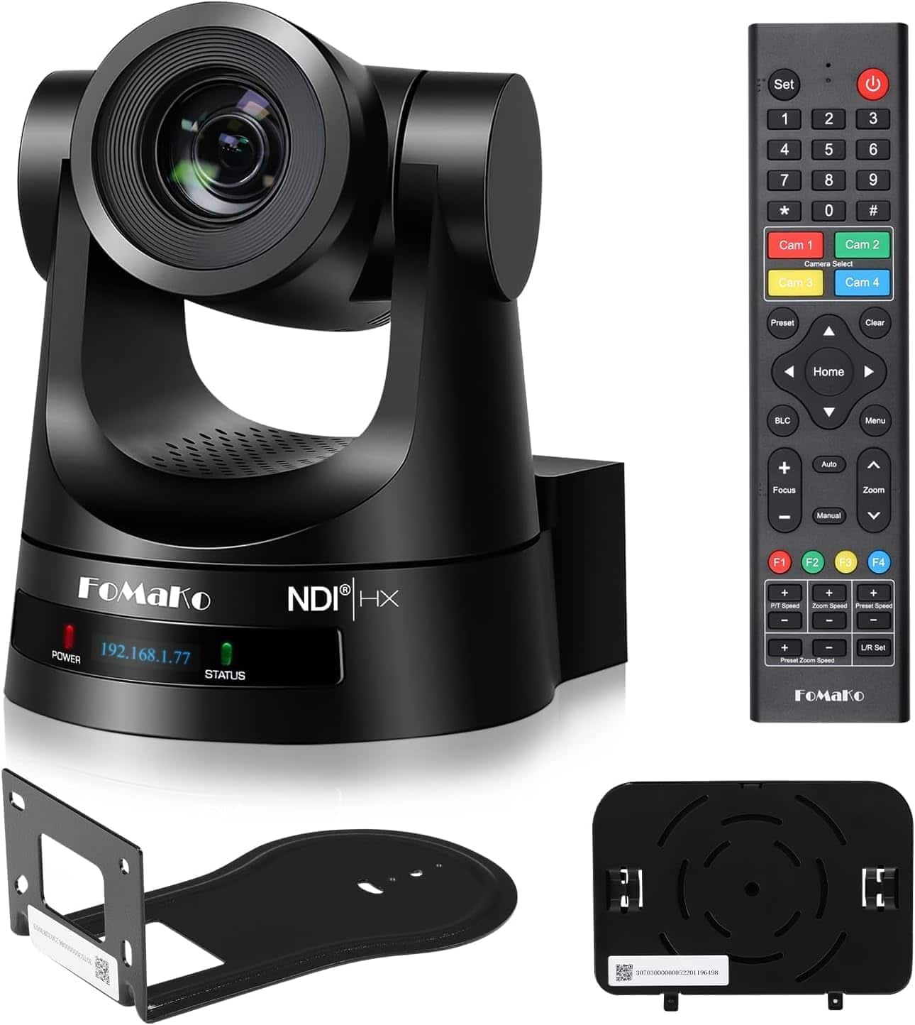 Set  
1  
2  
3  
4  
5  
6  
7  
8  
9  
*  
0  
#  
Cam 1  
Cam 2  
Camera Select  
Cam 3  
Cam 4  
Preset  
Clear  
Home  
BLC  
Menu  
+  
Auto  
Focus  
Zoom  
Manual  
FOMAKO POWER 192.168.1.77 STATUS  
0 NDI HX  
F1 F2 F3 F4 + + + PIT Speed Zoom Speed Preset Speed - - + LR Set Preset Zoom Speed  
FOMAKO