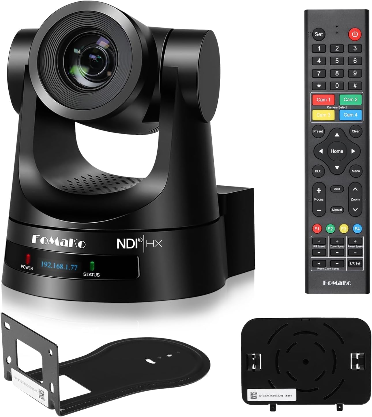 Set  
1  
2  
3  
4  
5  
6  
7  
8  
9  
*  
0  
#  
Cam 1  
Cam 2  
Camera Select  
Cam 3  
Cam 4  
Preset  
Clear  
Home  
BLC  
Menu  
+  
Auto  
Focus  
Zoom  
Manual  
FOMAKO POWER 192.168.1.77 STATUS  
0 NDI HX  
F1 F2 F3 F4 + + + PIT Speed Zoom Speed Preset Speed - - + LR Set Preset Zoom Speed  
FOMAKO
