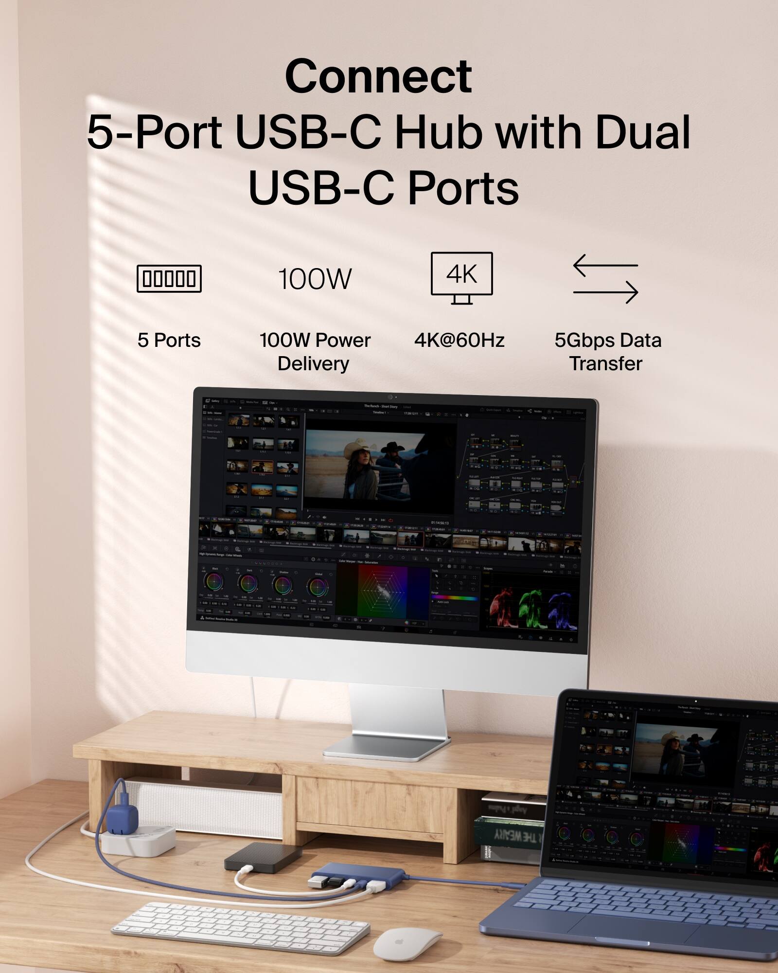 Connect 5-Port USB-C Hub with Dual USB-C Ports

- 100W
- 4K
- 5 Ports
- 100W Power Delivery
- 4K@60Hz
- 5Gbps Data Transfer