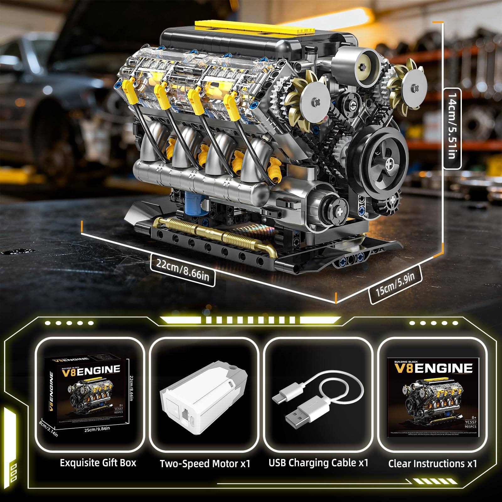 14cm/5.51in  
22cm/8.66in  
15cm/5.9in  

V8ENGINE  
VIENGINE  

Exquisite Gift Box  
Two-Speed Motor x1  
USB Charging Cable x1  
Clear Instructions x1