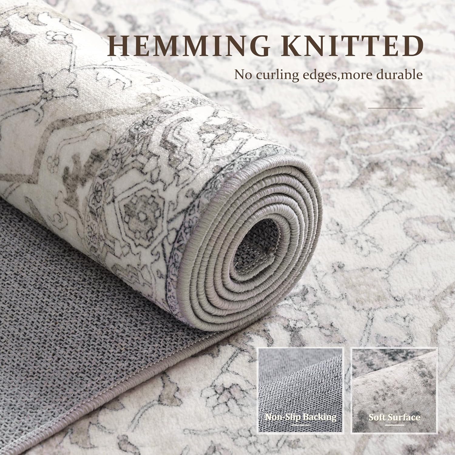 HEMMING KNITTED  
No curling edges, more durable  

Non-Slip Backing  
Soft Surface