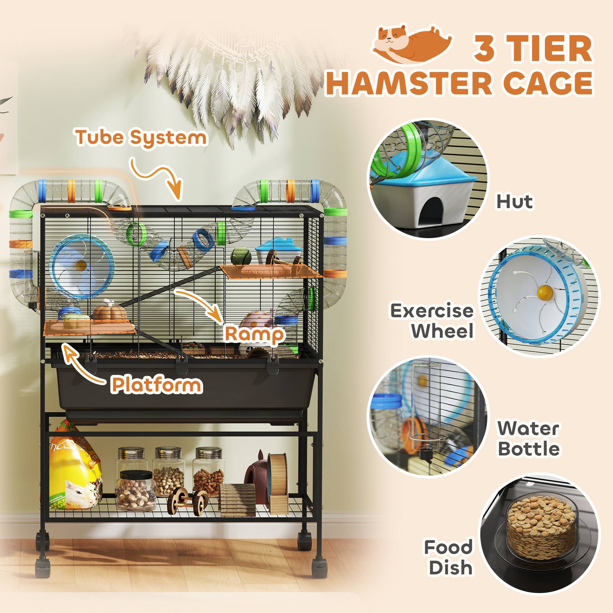 3 TIER HAMSTER CAGE

- Tube System
- Hut
- Ramp
- Platform
- Exercise Wheel
- Water Bottle
- Food Dish