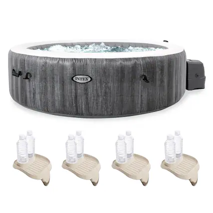 Front. Intex - INTEX PureSpa Greywood Inflatable Spa & Attachable Drink & Snack Tray (4 Pack) - Grey.