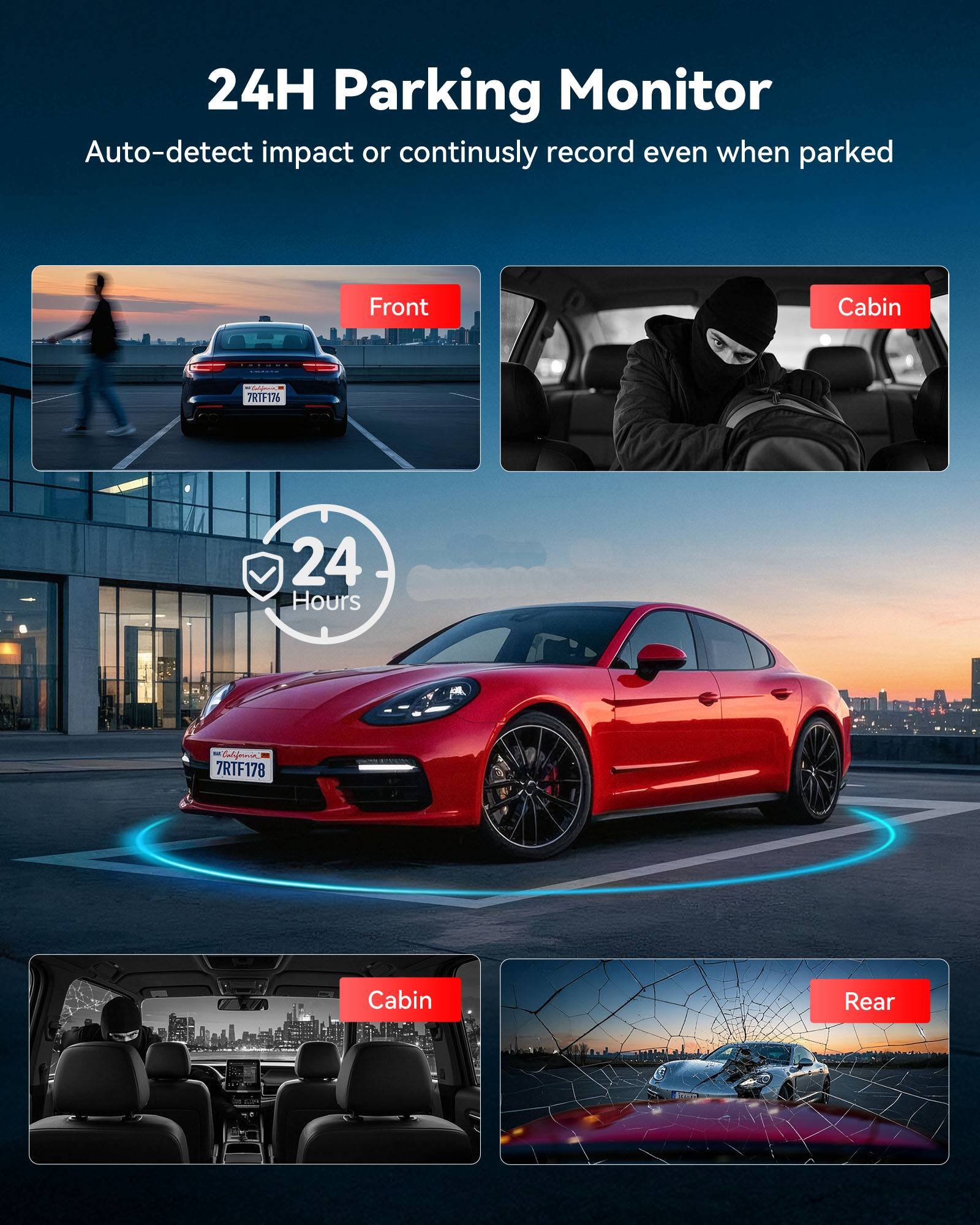 24H Parking Monitor  
Auto-detect impact or continuously record even when parked  

Front  
Cabin  
7RTF176  
24 Hours  
California 7RTF178  
Cabin  
Rear