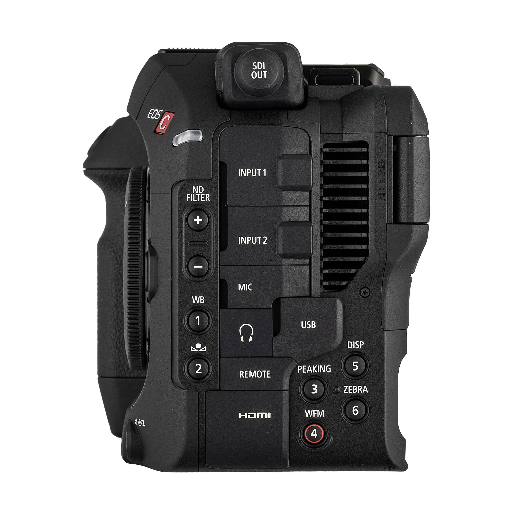 SDI OUT  
EOS C  
INPUT 1  
ND FILTER +  
INPUT 2  
WB  
MIC +  
1  
USB  
DISP  
2  
REMOTE  
PEAKING  
5  
3  
ZEBRA  
HDMI  
WFM  
4  
6