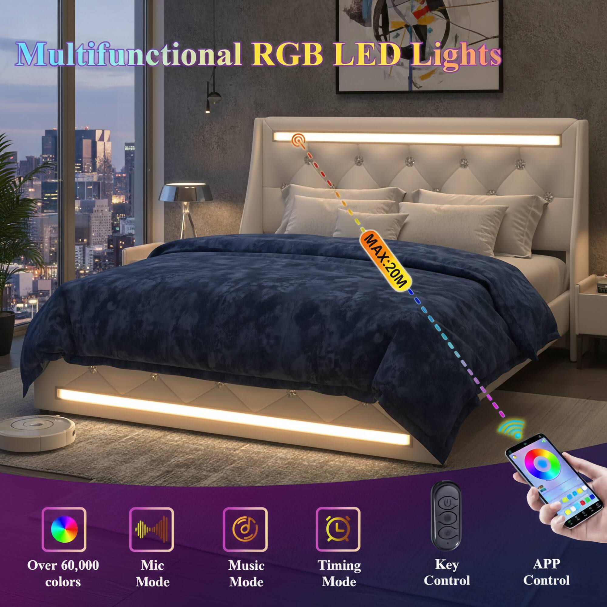 Multifunctional RGB LED Lights  
MAX: 20M  
Over 60,000 colors  
Mic Mode  
Music Mode  
Timing Mode  
Key Control  
APP Control