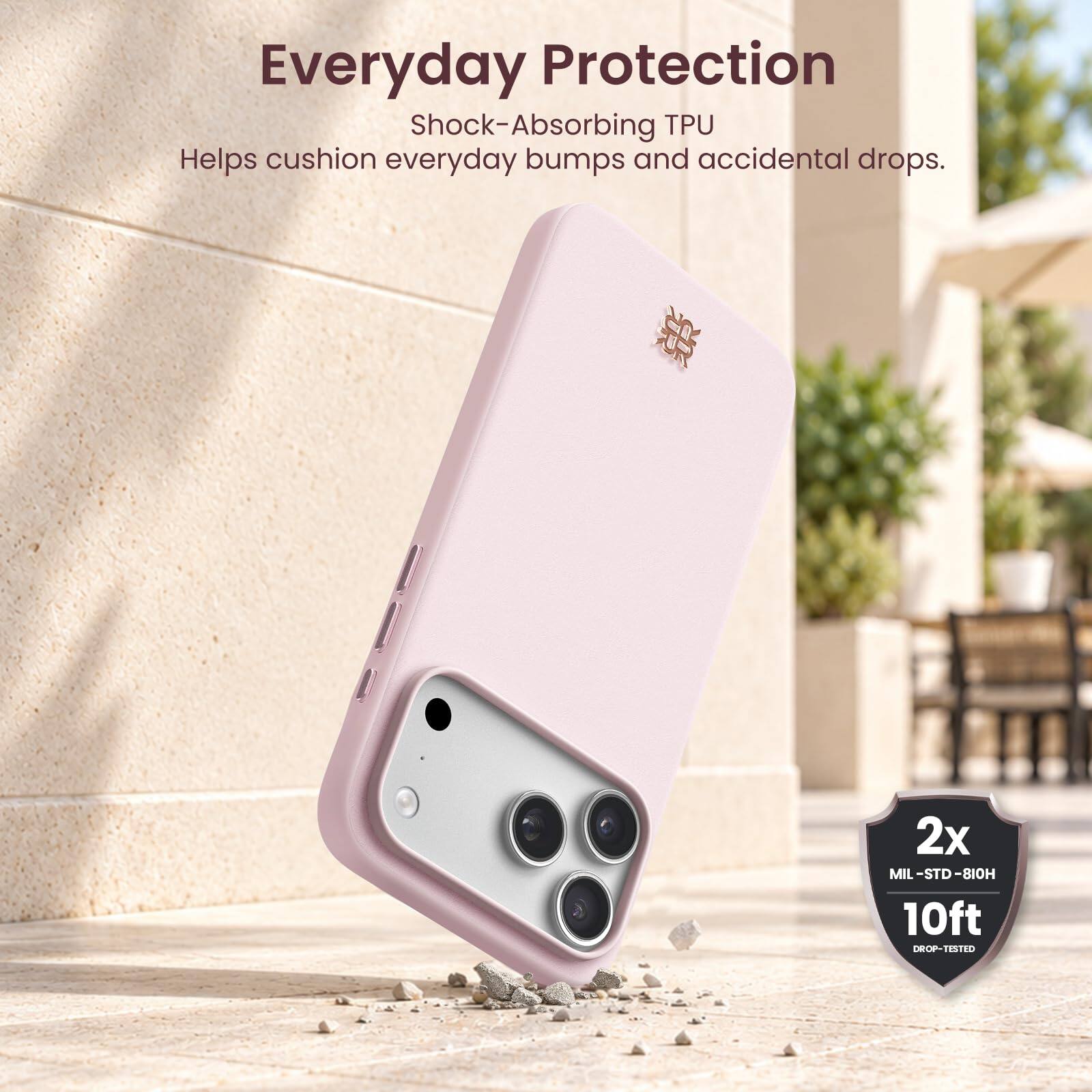 Everyday Protection  
Shock-Absorbing TPU  
Helps cushion everyday bumps and accidental drops.  

2x MIL-STD-810H 10ft DROP-TESTED