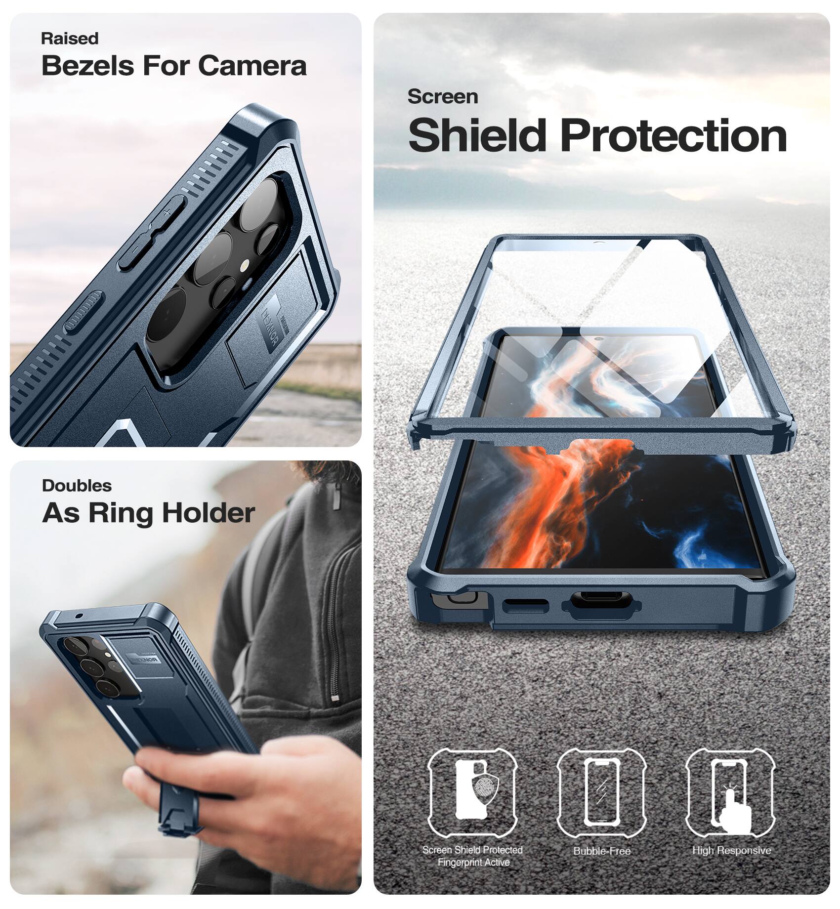 Raised Bezels For Camera, Screen Shield Protection, Doubles As Ring Holder, Screen Shield Protected, Fingerprint Active, Bubble-Free, High Responsive