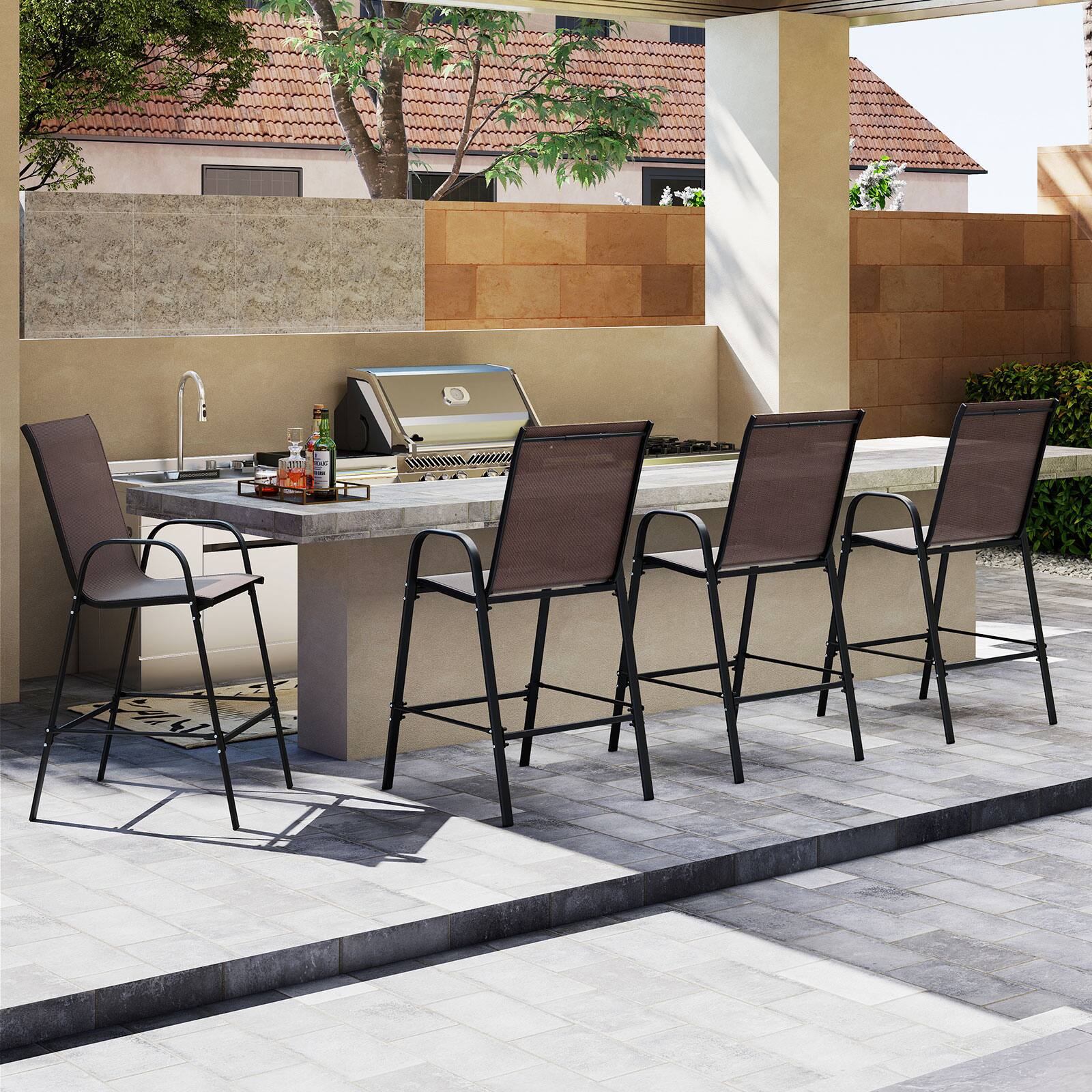 Alt View 1. Gymax - Gymax 4PCS Outdoor Bar Stools 29'' Fabric Bar Height Stools w/ Armrests & Footrest Brown - Brown.