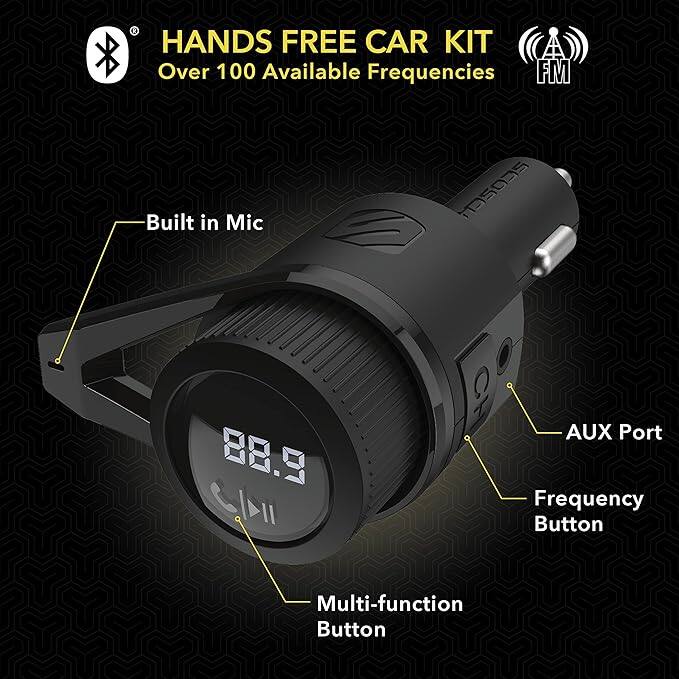 HANDS FREE CAR KIT  
Over 100 Available Frequencies  

- Built in Mic  
- AUX Port  
- Frequency Button  
- Multi-function Button  

FM