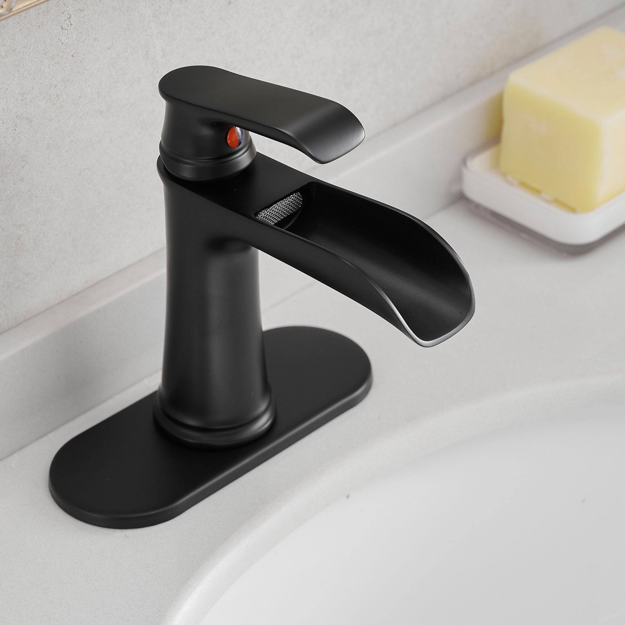 Back. Boyel Living - Single Handle Single Hole Bathroom Faucet Matte Black with Deck Plate Pop Up Drain and Water Supply Hoses - Matte Black.