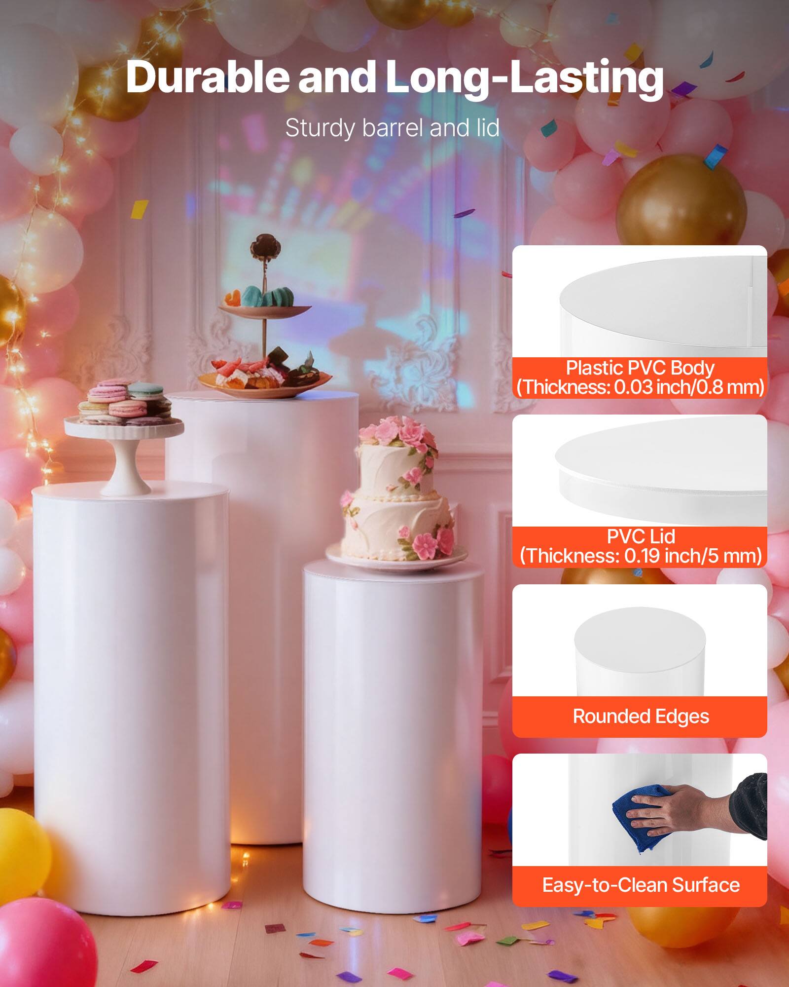 Durable and Long-Lasting  
Sturdy barrel and lid  

Plastic PVC Body (Thickness: 0.03 inch/0.8 mm)  
PVC Lid (Thickness: 0.19 inch/5 mm)  
Rounded Edges  
Easy-to-Clean Surface