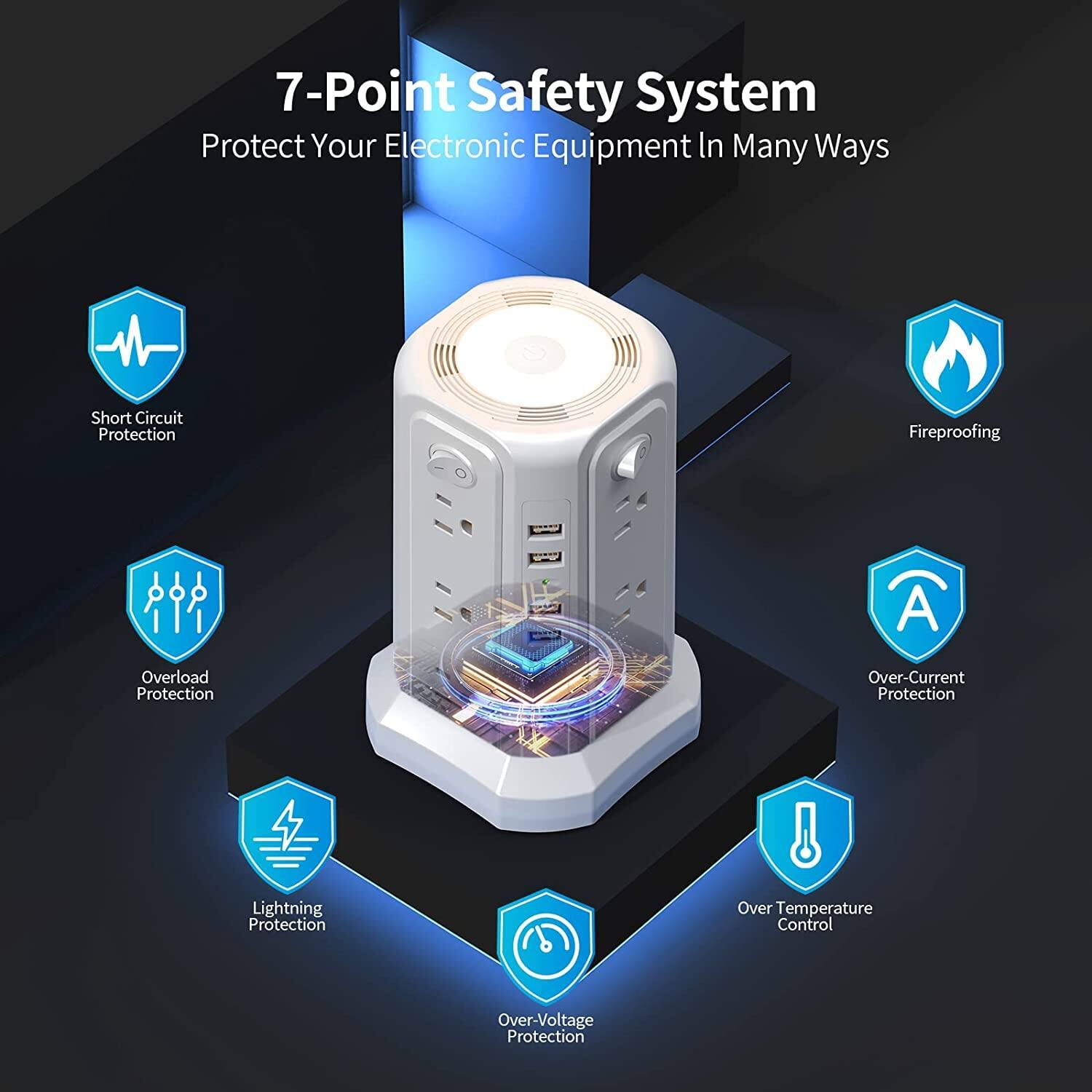 7-Point Safety System  
Protect Your Electronic Equipment In Many Ways  

1. Short Circuit Protection  
2. Fireproofing  
3. Overload Protection  
4. Over-Current Protection  
5. Lightning Protection  
6. Over Temperature Control  
7. Over-Voltage Protection