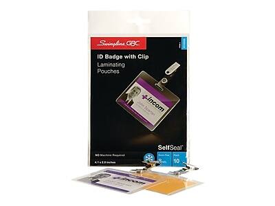 Swingline GBC
ID Badge with Clip
Laminating Pouches
SelfSeal
No Machine Required
4" x 3"
10 Pouches