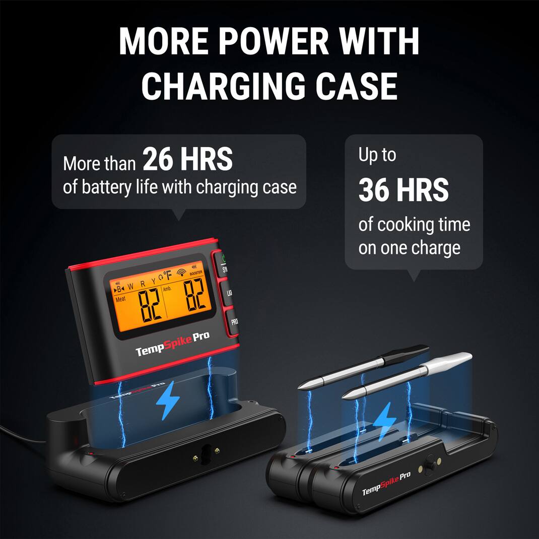 More Power with Charging Case:

* More than 26 HRS of battery life with charging case
* Up to 36 HRS of cooking time on one charge
* TempSpikePro