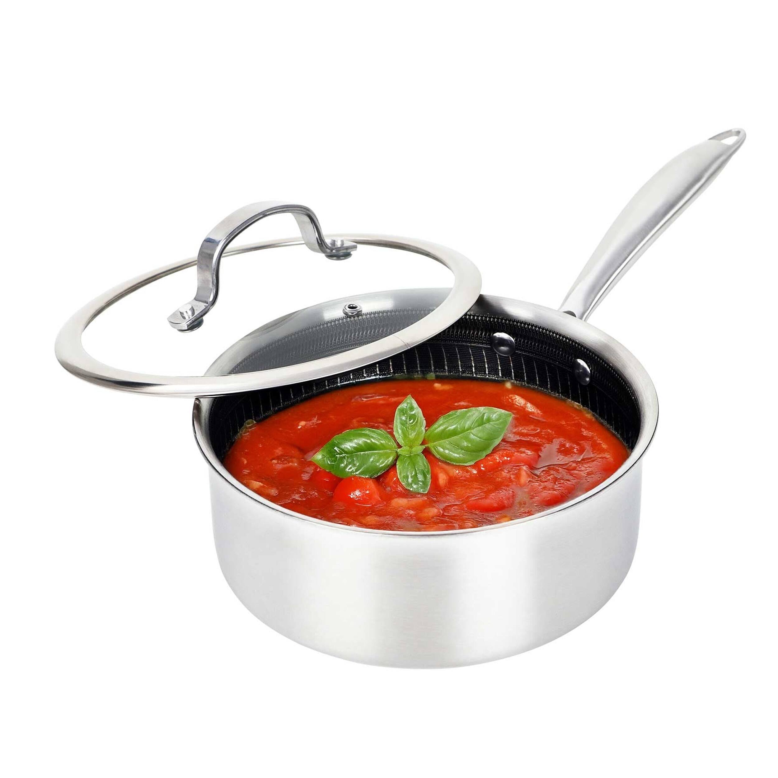 Angle. Brentwood - Brentwood 3 Quart 3-Ply Hybrid Non-Stick Stainless Steel Saucepan with Tempered Glass Lid - Silver.