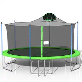 HTUTWOO - Trampoline 16FT with Basketball Hoop, Ladder and Enclosure Net, Jumping Mat, Spring Cover Padding for Adults & Kids - Green