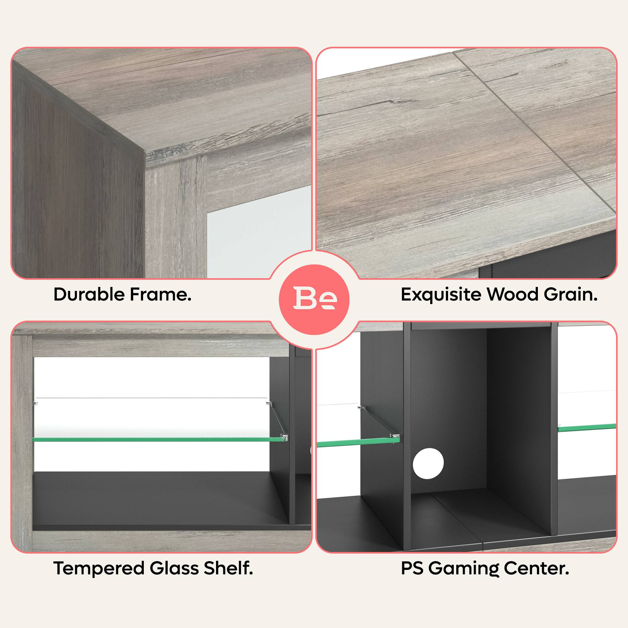 Durable Frame. Be Exquisite Wood Grain. Tempered Glass Shelf. PS Gaming Center.